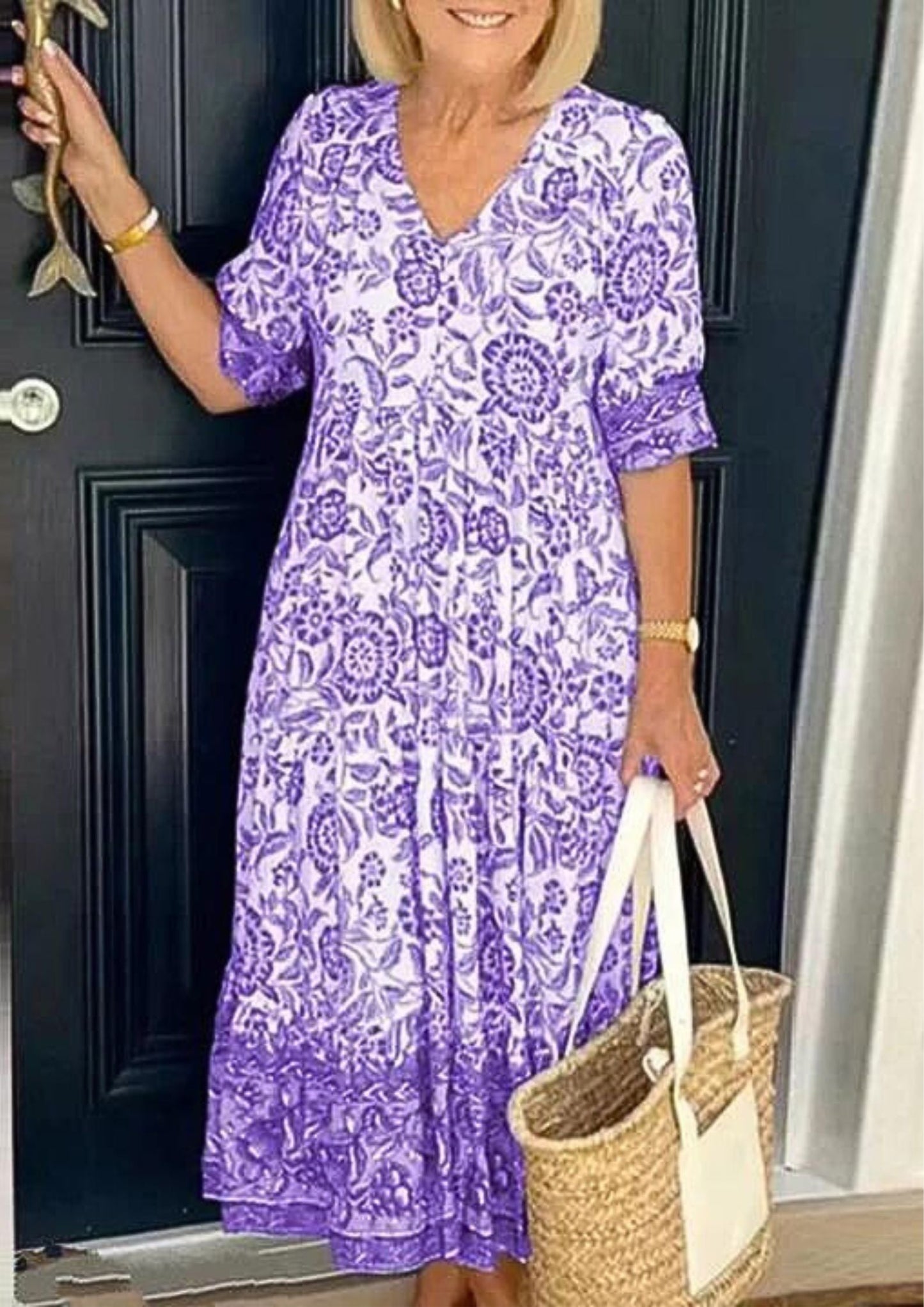 Camilla™ Cotton Floral V-neck Dress Casual Dresses Belleza & Glamour Purple XS