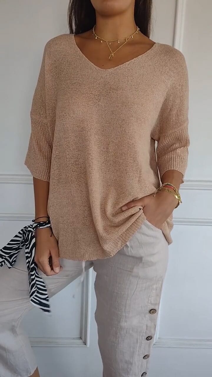 "AuraLuxe V-Neck Knit Top" Belleza & Glamour Apricot XS (UK 6) 