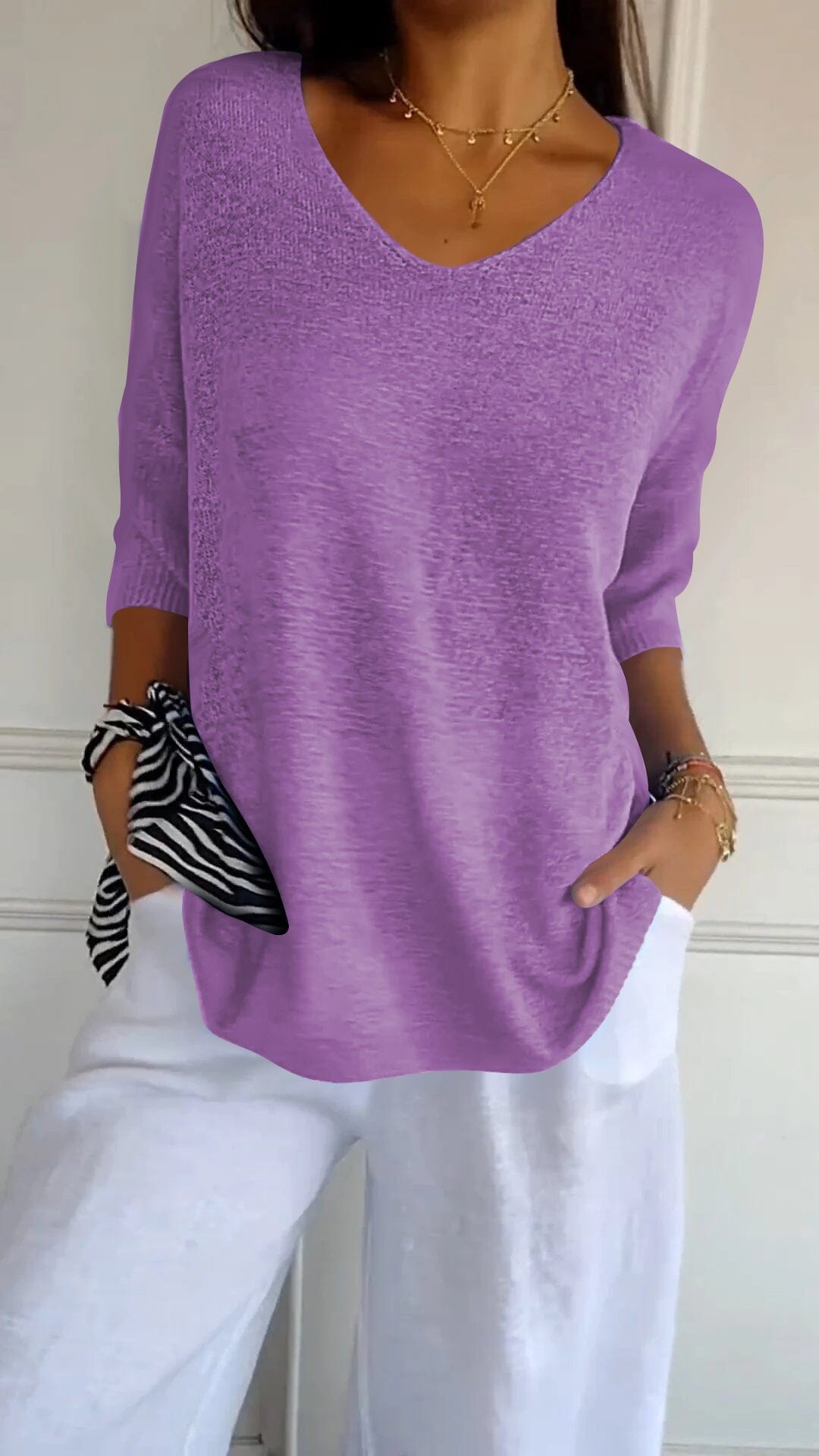 "AuraLuxe V-Neck Knit Top" Belleza & Glamour Purple XS (UK 6) 