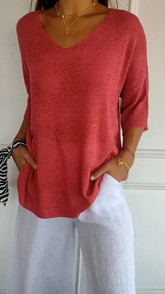 "AuraLuxe V-Neck Knit Top" Belleza & Glamour Red XS (UK 6) 