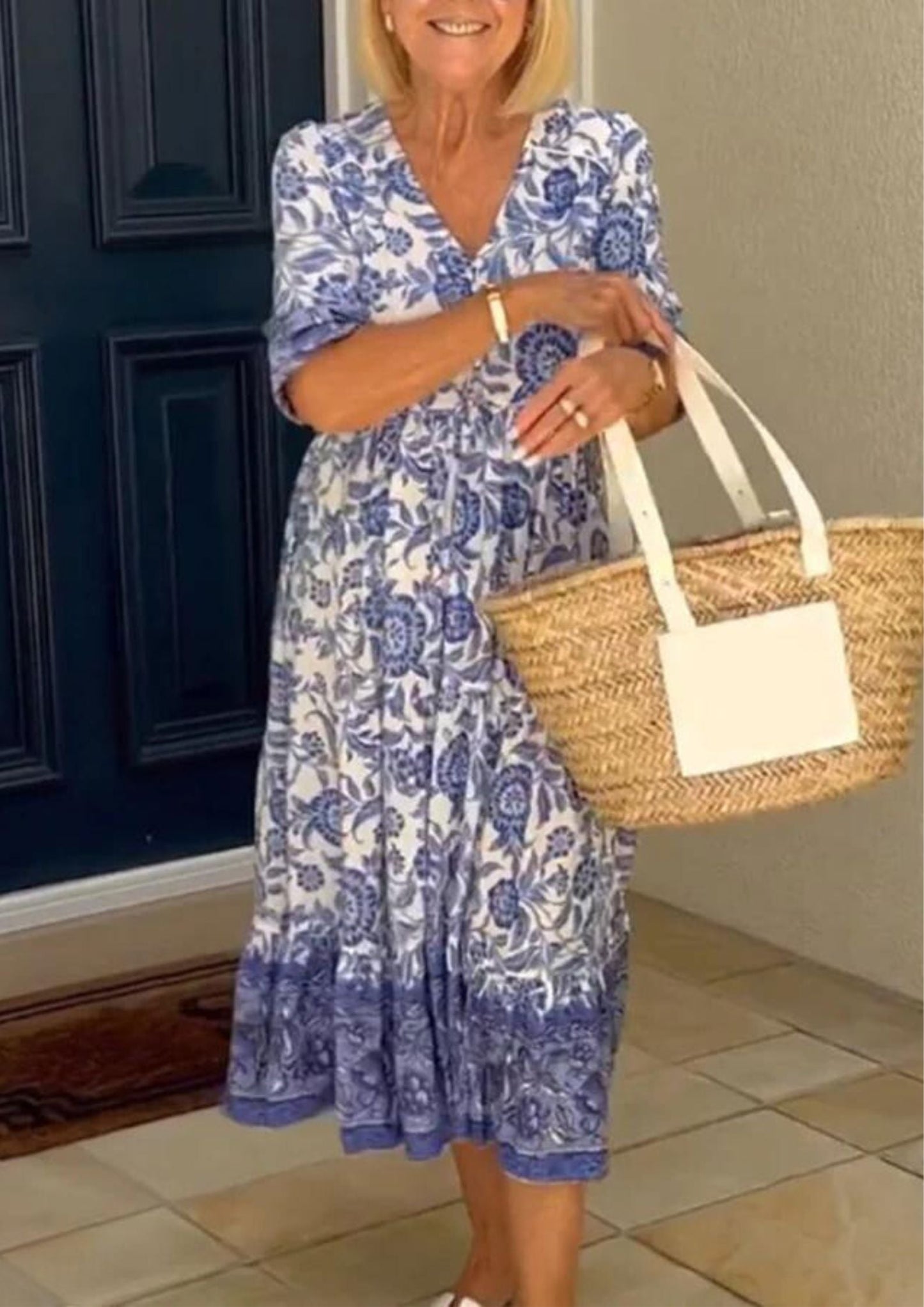 Camilla™ Cotton Floral V-neck Dress Casual Dresses Belleza & Glamour Blue XS 