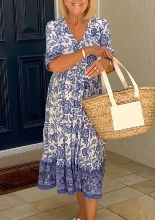 Camilla™ Cotton Floral V-neck Dress Casual Dresses Belleza & Glamour Blue XS 