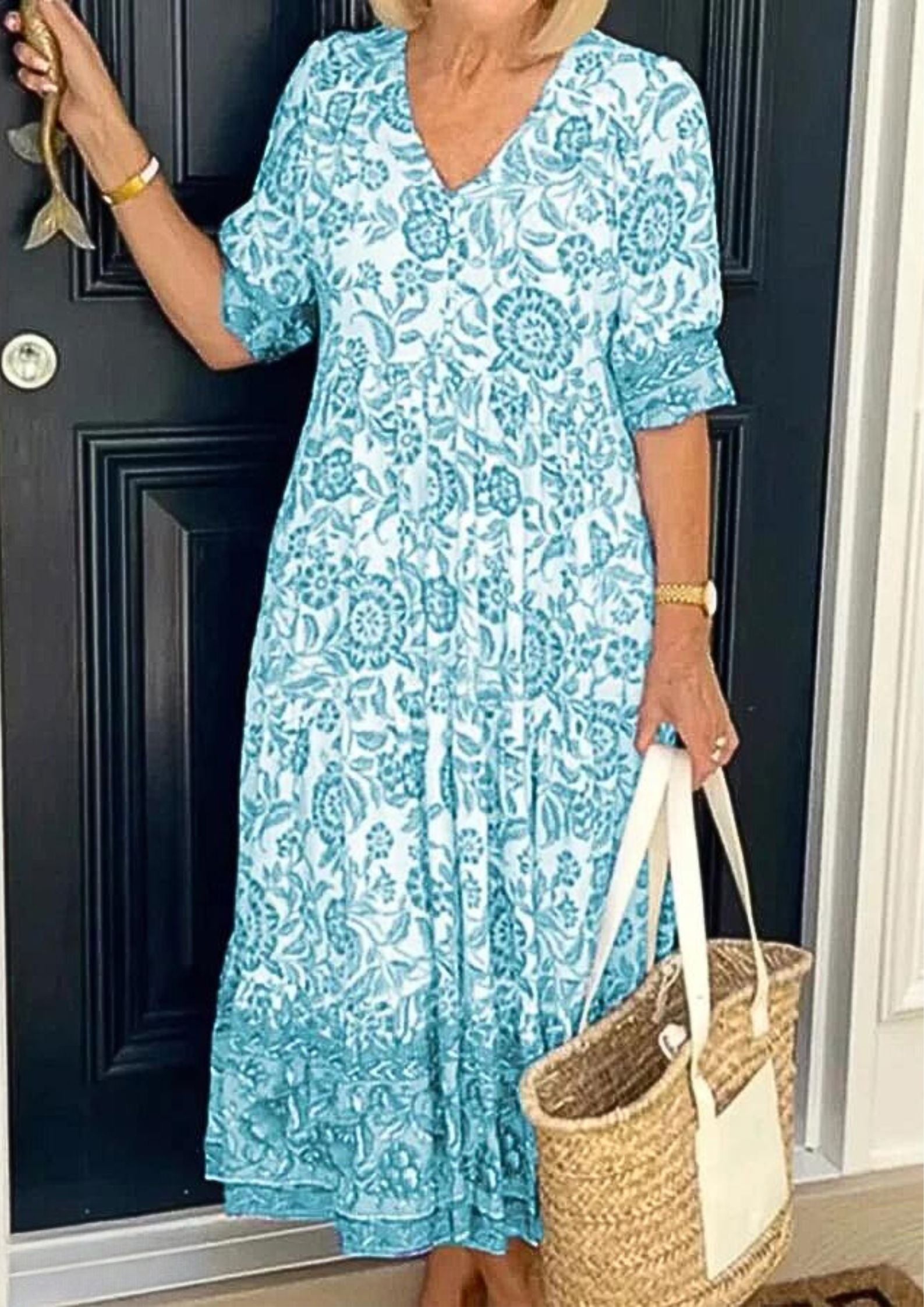 Camilla™ Cotton Floral V-neck Dress Casual Dresses Belleza & Glamour Sky Blue XS 