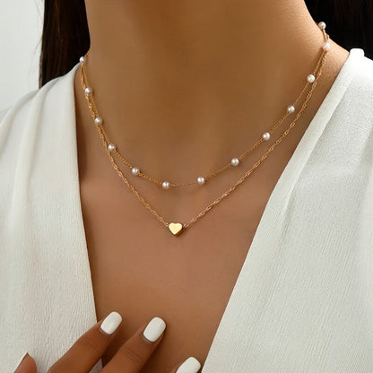 Double Necklace With Pearls And Heart Pendant Belleza & Glamour 