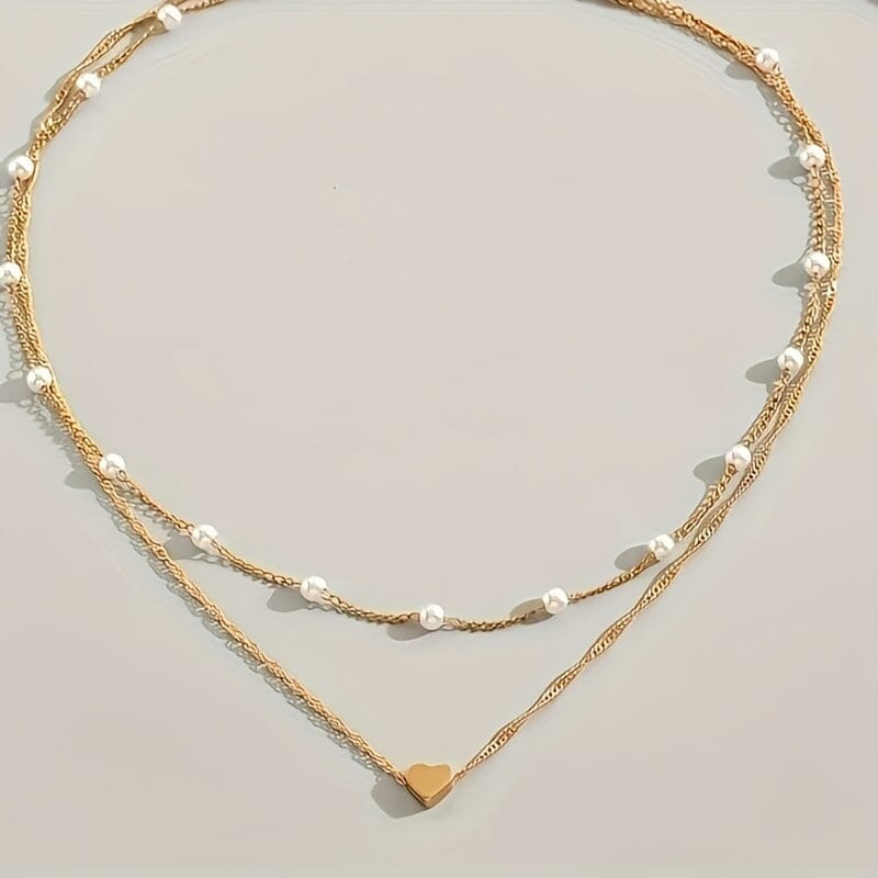 Double Necklace With Pearls And Heart Pendant Belleza & Glamour 