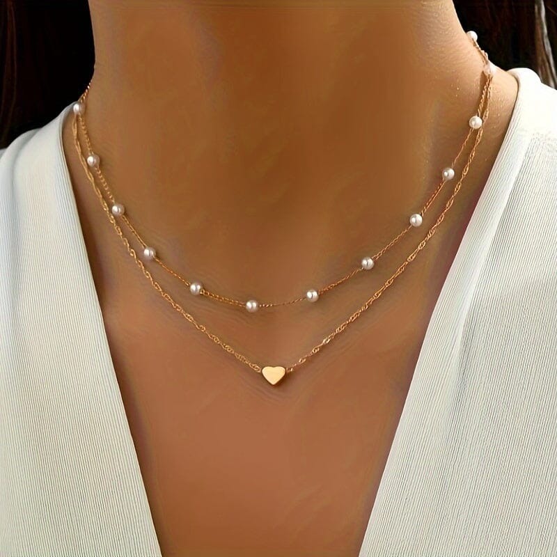 Double Necklace With Pearls And Heart Pendant Belleza & Glamour Golden 