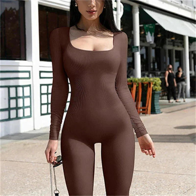 Jumpsuit with Tummy ControlPanel Belleza & Glamour Brown S Long-Sleeve Jumpsuit