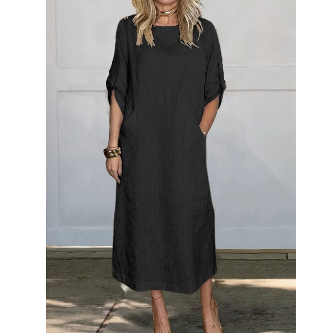 Lily™ | Comfortable Solid Color Linen Pocket Dress Dress Belleza & Glamour Black S 