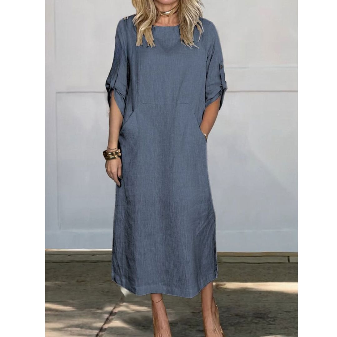 Lily™ | Comfortable Solid Color Linen Pocket Dress Dress Belleza & Glamour Blue S 