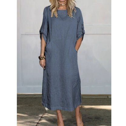 Lily™ | Comfortable Solid Color Linen Pocket Dress Dress Belleza & Glamour Blue S 
