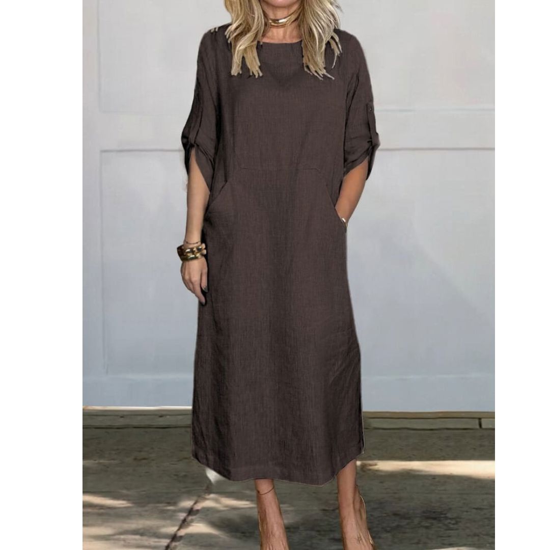Lily™ | Comfortable Solid Color Linen Pocket Dress Dress Belleza & Glamour Brown S 