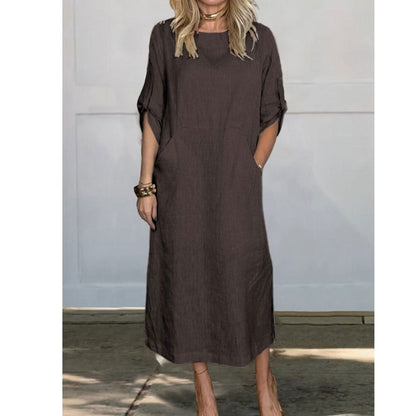 Lily™ | Comfortable Solid Color Linen Pocket Dress Dress Belleza & Glamour Brown S 