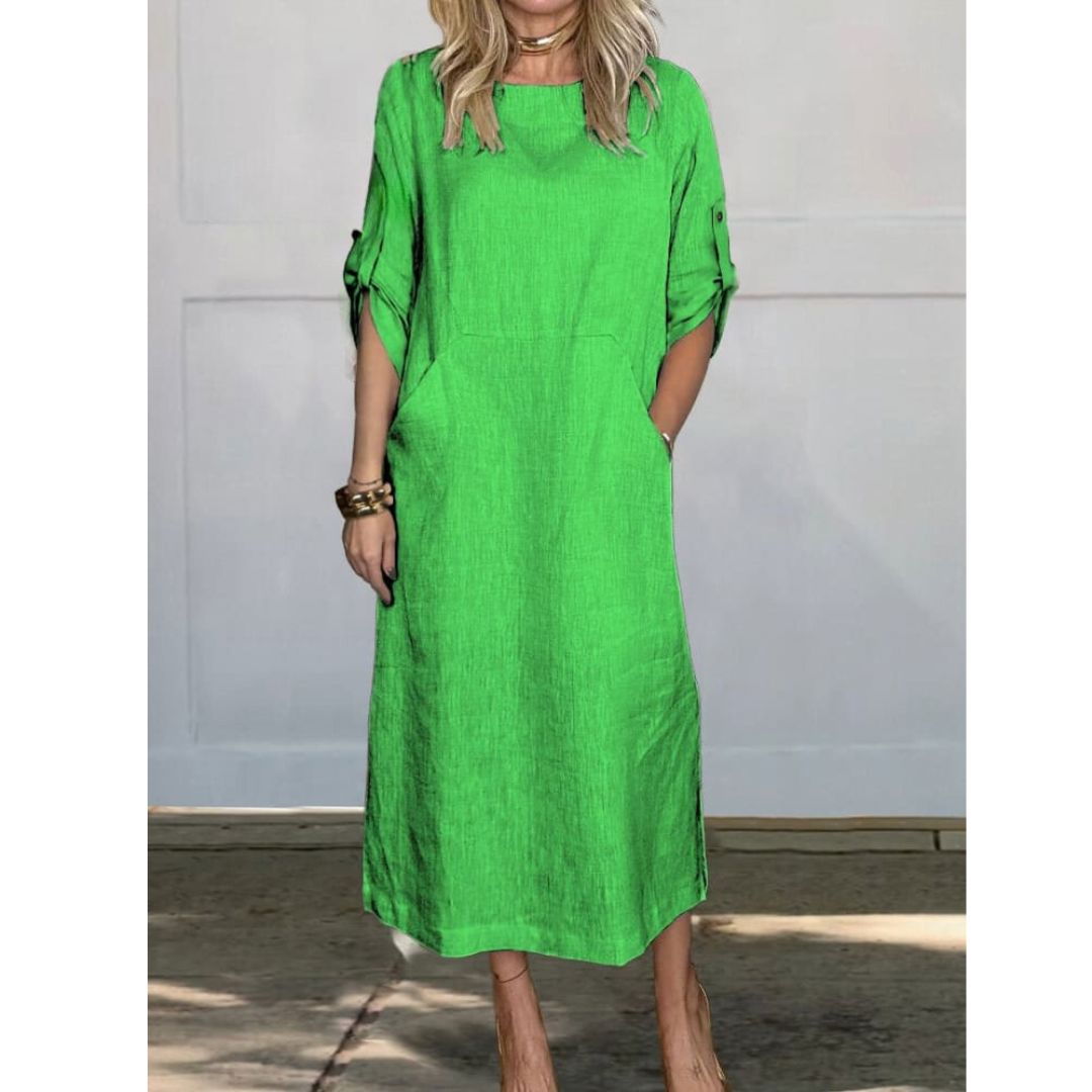 Lily™ | Comfortable Solid Color Linen Pocket Dress Dress Belleza & Glamour Green S 