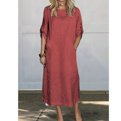 Lily™ | Comfortable Solid Color Linen Pocket Dress Dress Belleza & Glamour Red S 