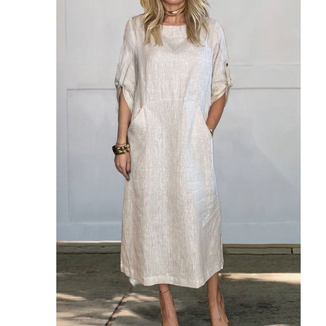 Lily™ | Comfortable Solid Color Linen Pocket Dress Dress Belleza & Glamour White S 