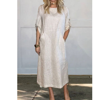 Lily™ | Comfortable Solid Color Linen Pocket Dress Dress Belleza & Glamour White S 