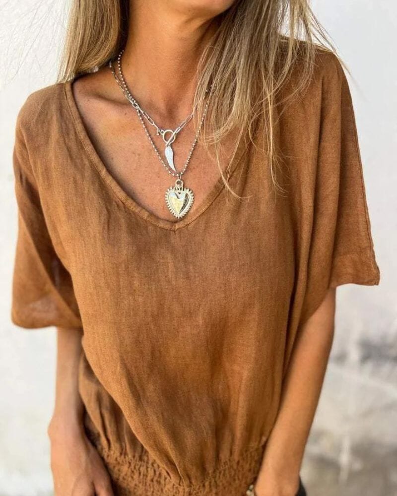 Muse - V-Neck Boho Tee Shirt Belleza & Glamour Brown S 