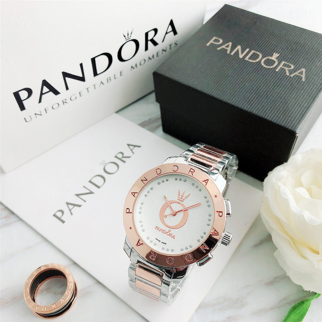 P A N D O R A Classic Glamour + Bracelet Charms Belleza & Glamour Rose White 