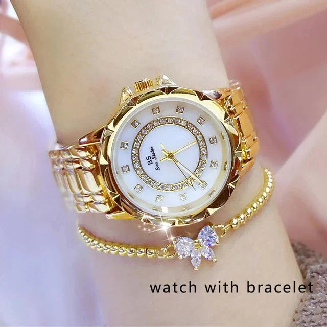Rhinestone Diamond Women's Wrist Watch Belleza & Glamour gold with bracelet 