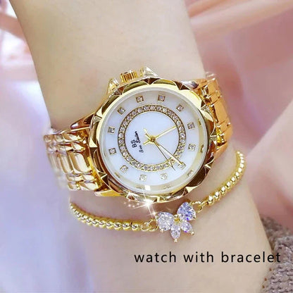 Rhinestone Diamond Women's Wrist Watch Belleza & Glamour gold with bracelet 
