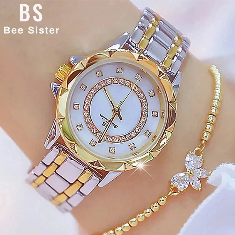 Rhinestone Diamond Women's Wrist Watch Belleza & Glamour silver gold bracelet 