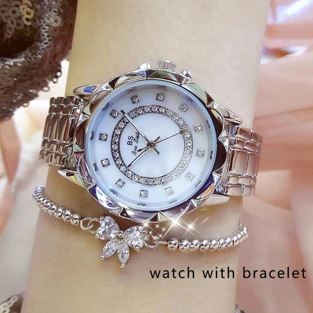 Rhinestone Diamond Women's Wrist Watch Belleza & Glamour silver with bracelet 