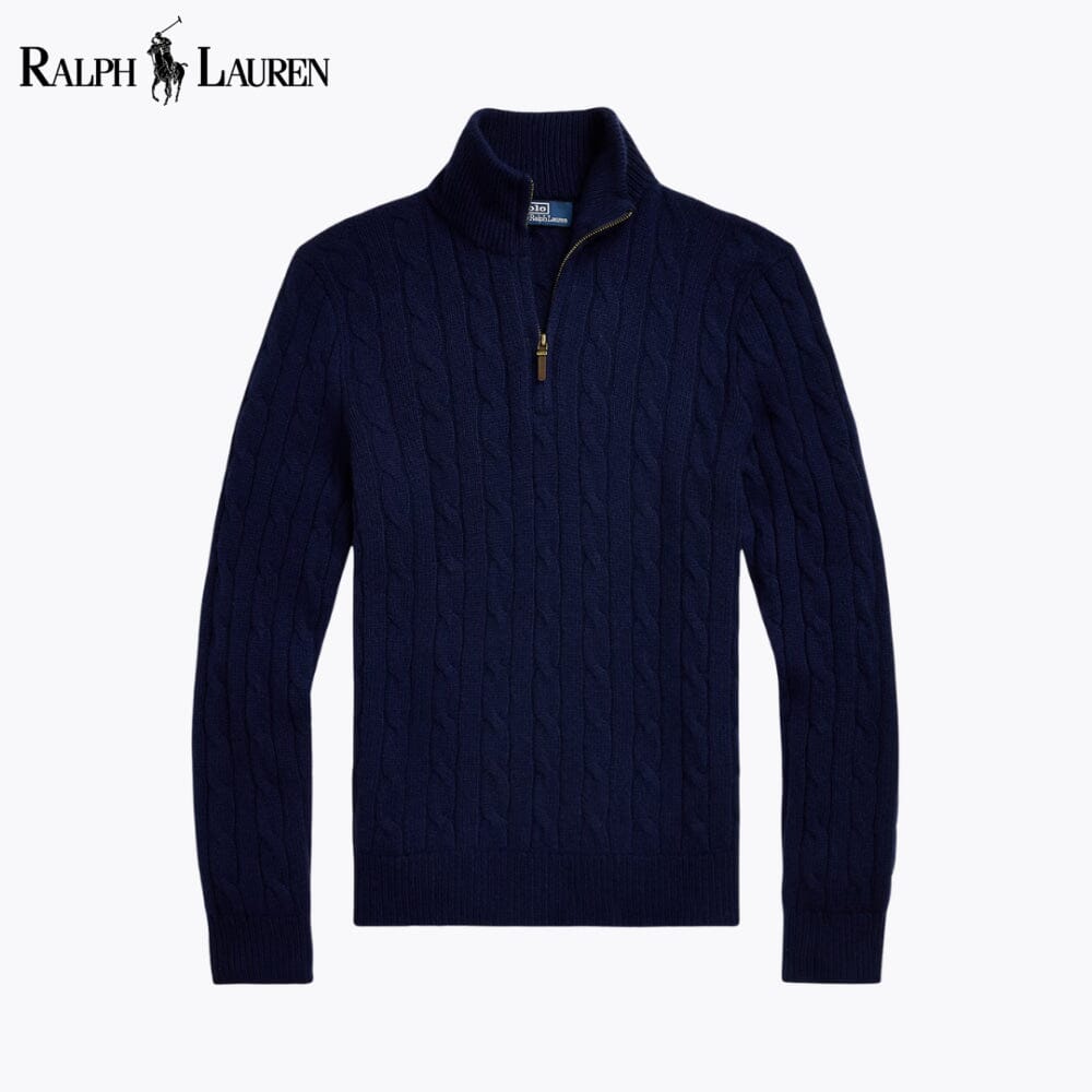 RL Cable-Knit Cashmere Quarter-Zip Jumper RL Cable-Knit Cashmere Quarter-Zip Jumper Slate Crown Blue Navy S 