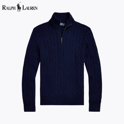 RL Cable-Knit Cashmere Quarter-Zip Jumper RL Cable-Knit Cashmere Quarter-Zip Jumper Slate Crown Blue Navy S 
