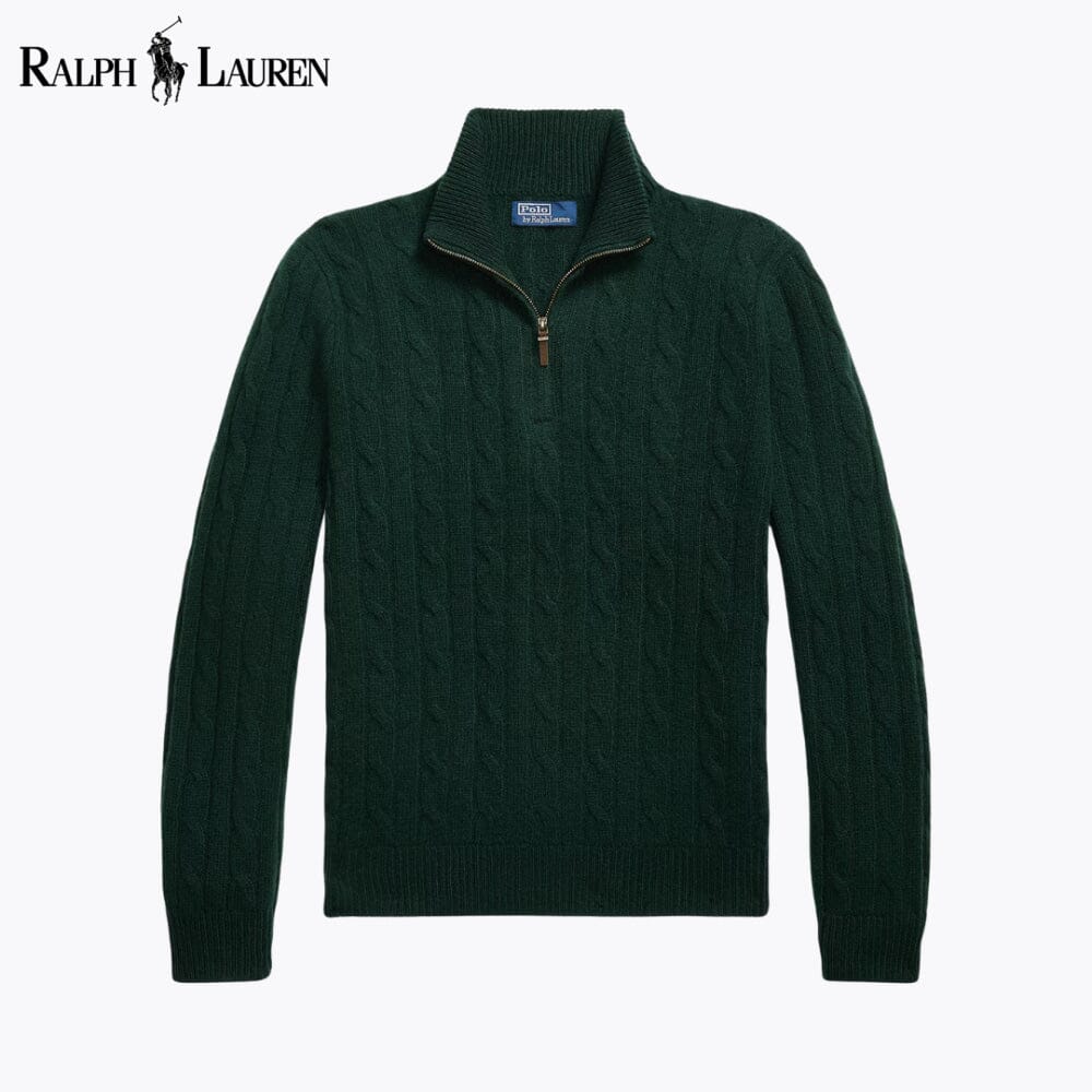 RL Cable-Knit Cashmere Quarter-Zip Jumper RL Cable-Knit Cashmere Quarter-Zip Jumper Slate Crown Green S 