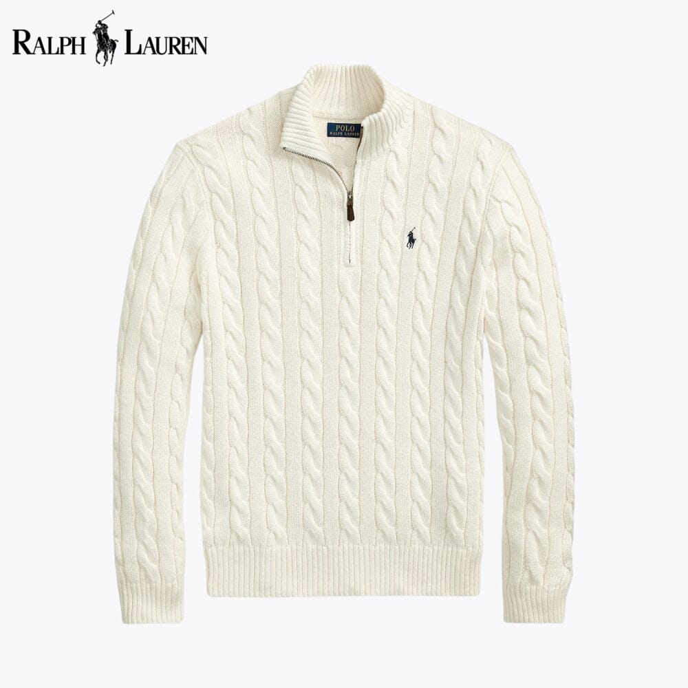 RL Chunky Cable-Knit Cotton Quarter-Zip Sweater RL Chunky Cable-Knit Cotton Quarter-Zip Sweater Slate Crown Cream S 