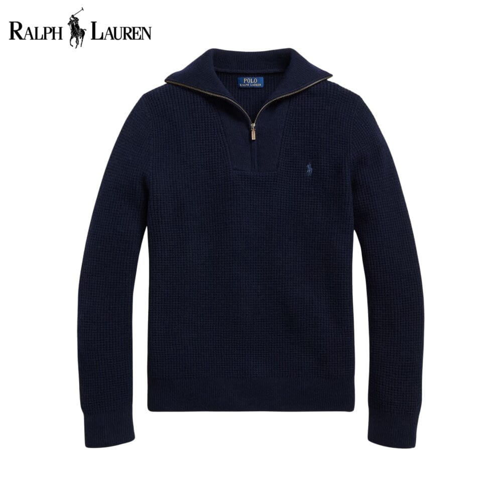 RL Waffle-Knit Wool-Cotton Quarter-Zip Sweater RL Waffle-Knit Wool-Cotton Quarter-Zip Sweater Slate Crown Blue Navy S 