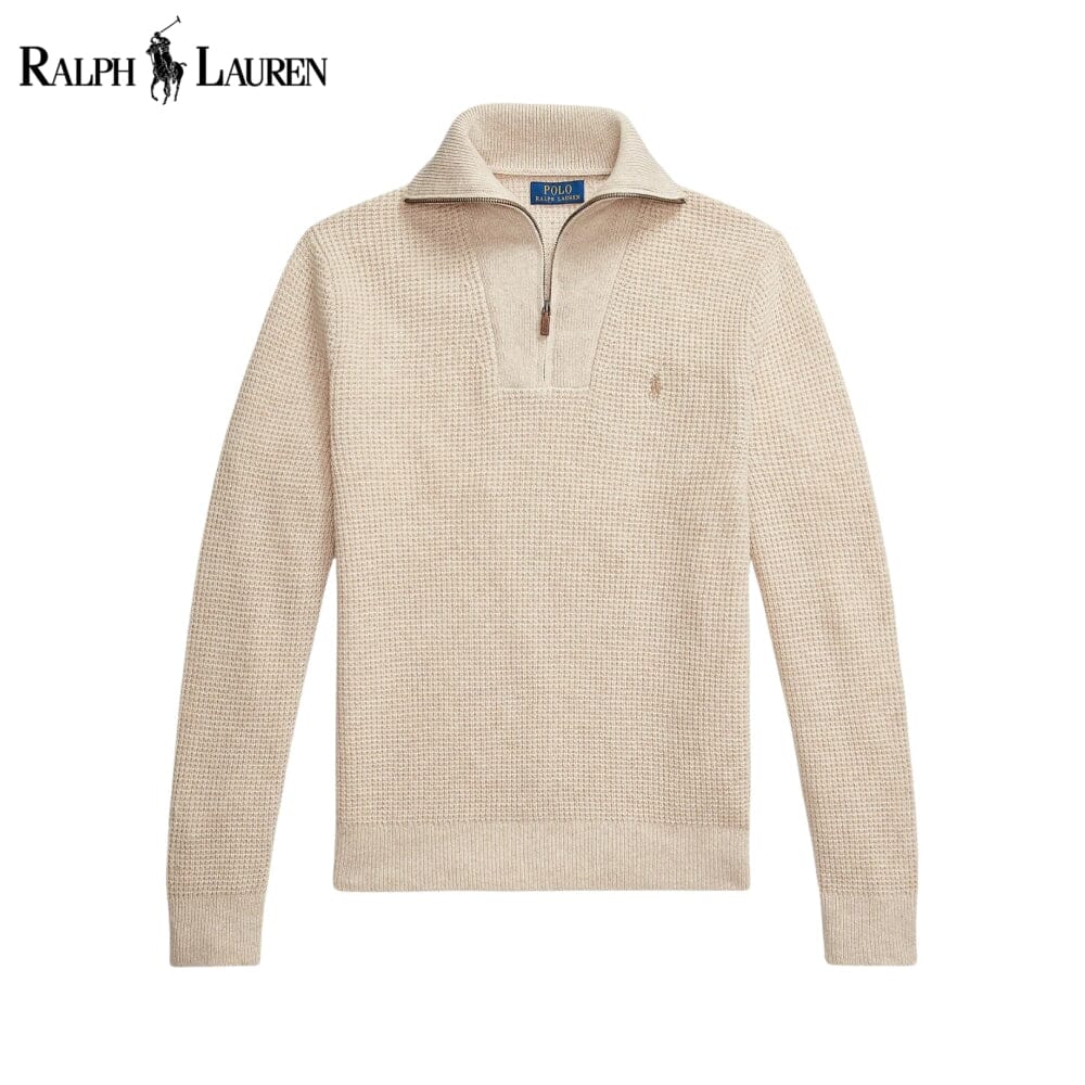 RL Waffle-Knit Wool-Cotton Quarter-Zip Sweater RL Waffle-Knit Wool-Cotton Quarter-Zip Sweater Slate Crown Cream S 