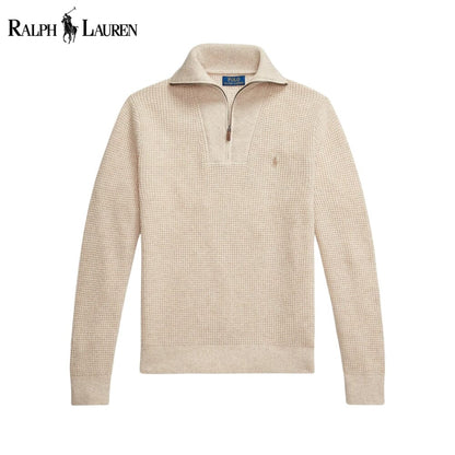 RL Waffle-Knit Wool-Cotton Quarter-Zip Sweater RL Waffle-Knit Wool-Cotton Quarter-Zip Sweater Slate Crown Cream S 