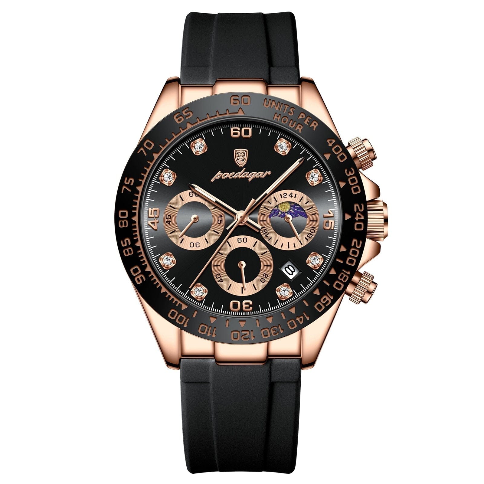 Watch Poedagar Chronograph Fase Date Relogio 04 Belleza & Glamour Rose Gold Black 
