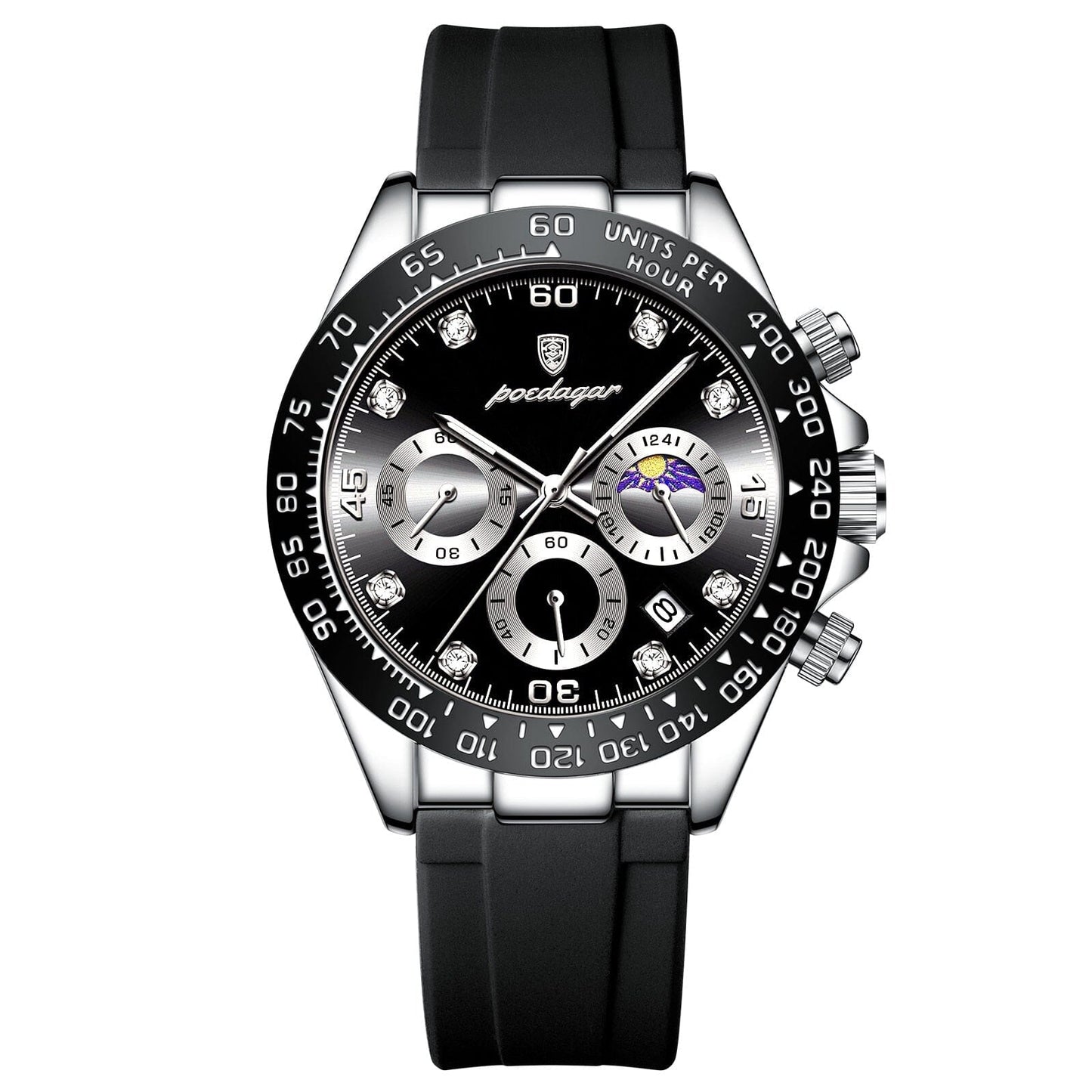 Watch Poedagar Chronograph Fase Date Relogio 04 Belleza & Glamour Silver Black 
