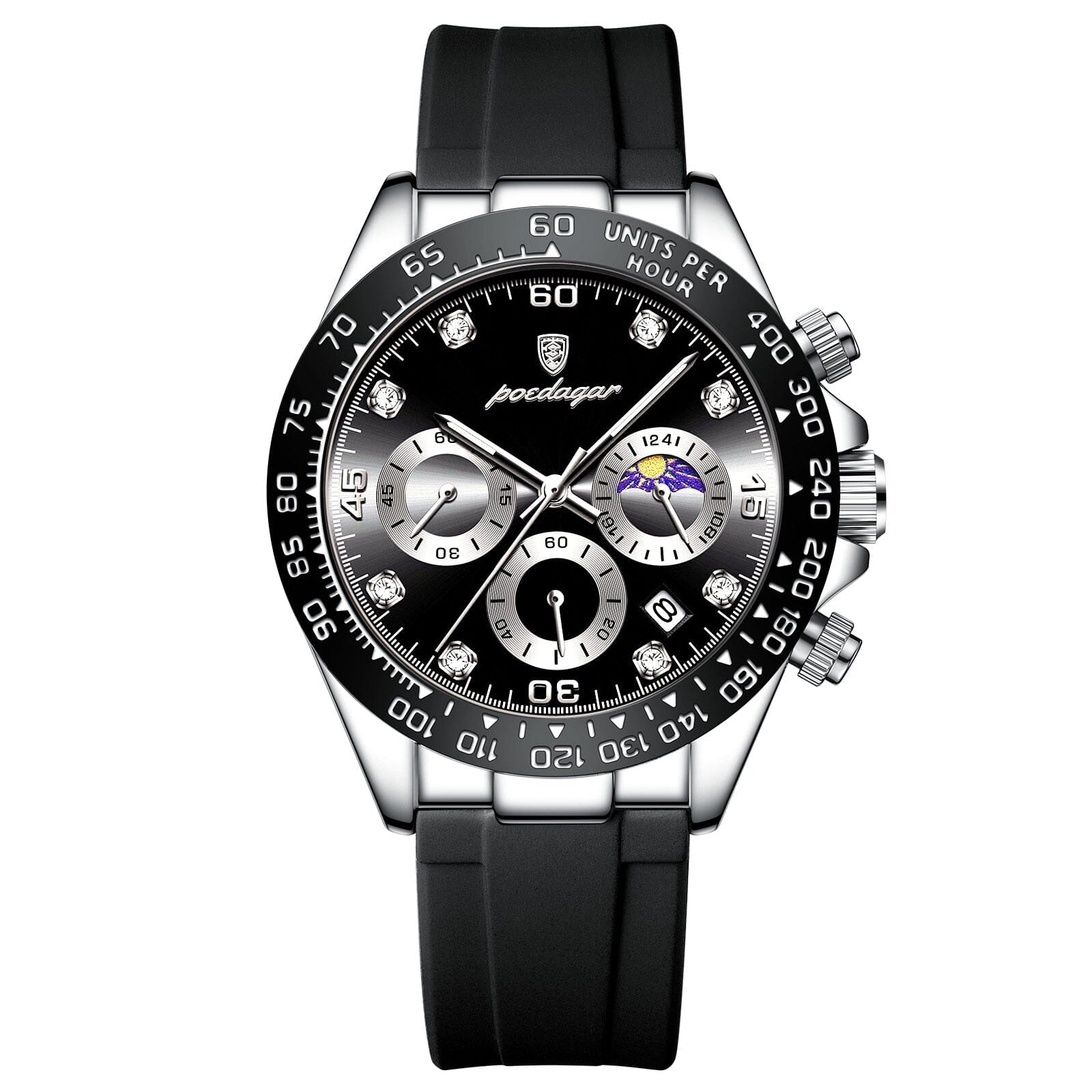 Watch Poedagar Chronograph Fase Date Relogio 04 Belleza & Glamour Silver Black 
