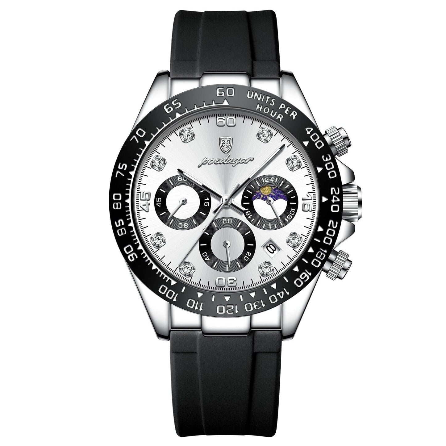 Watch Poedagar Chronograph Fase Date Relogio 04 Belleza & Glamour Silver White 